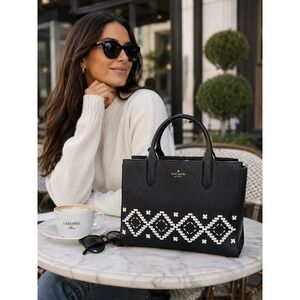 Kate Spade Flynn Street Bag Black Designer Satchel Structured Woven Aztec Detail